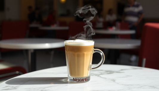 A steaming cup of NESCAFÉ Cappuccino on a café table