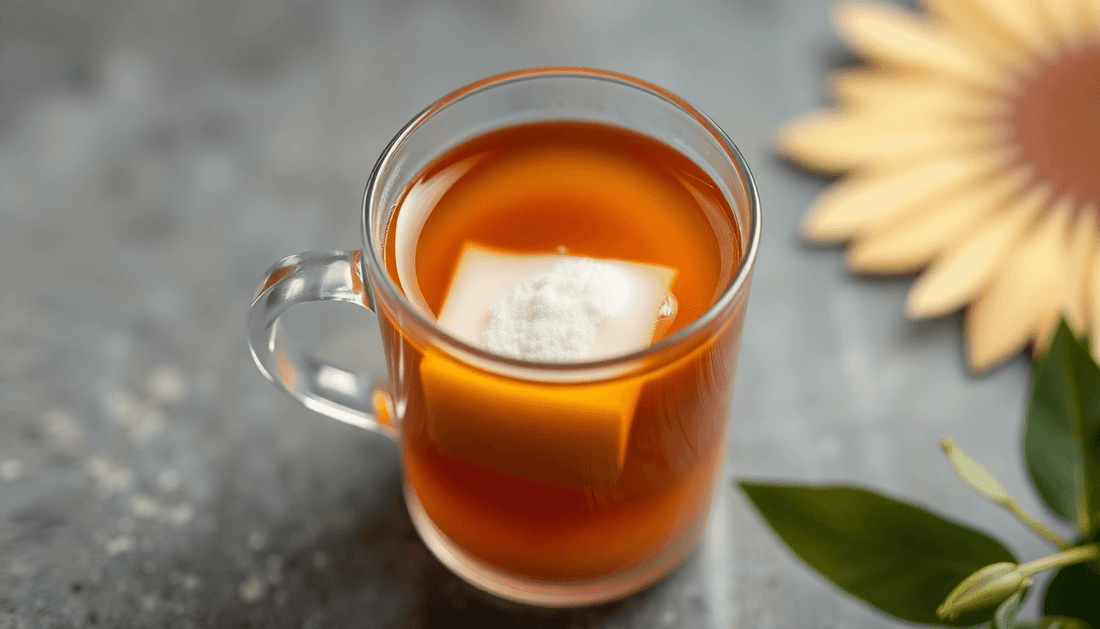 A cup of tea with a tea bag, sugar, and milk