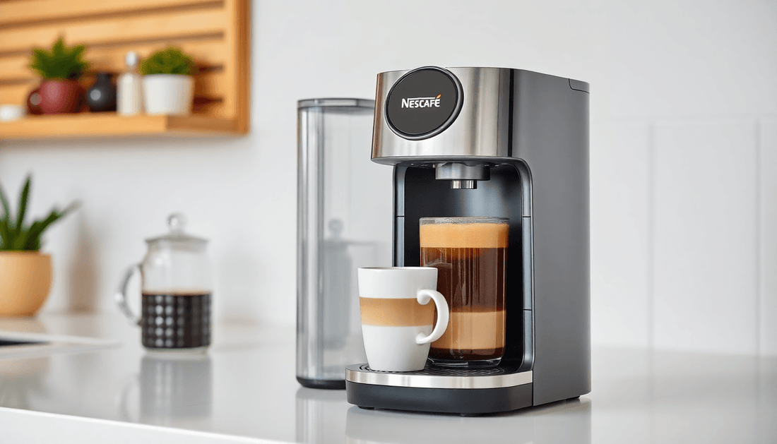 Modern Nescafe coffee machine brewing fresh coffee