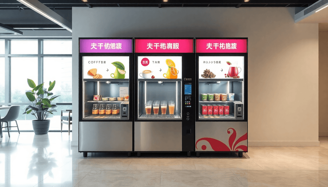 A modern three-lane tea and coffee vending machine in office