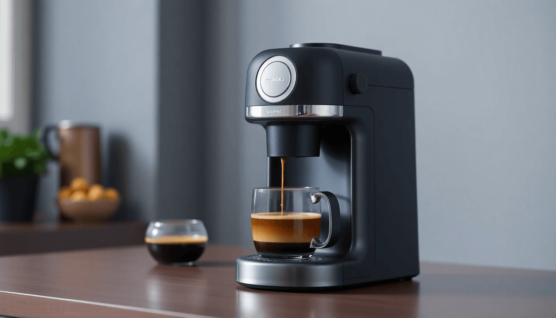 A sleek Godrej coffee machine brewing coffee