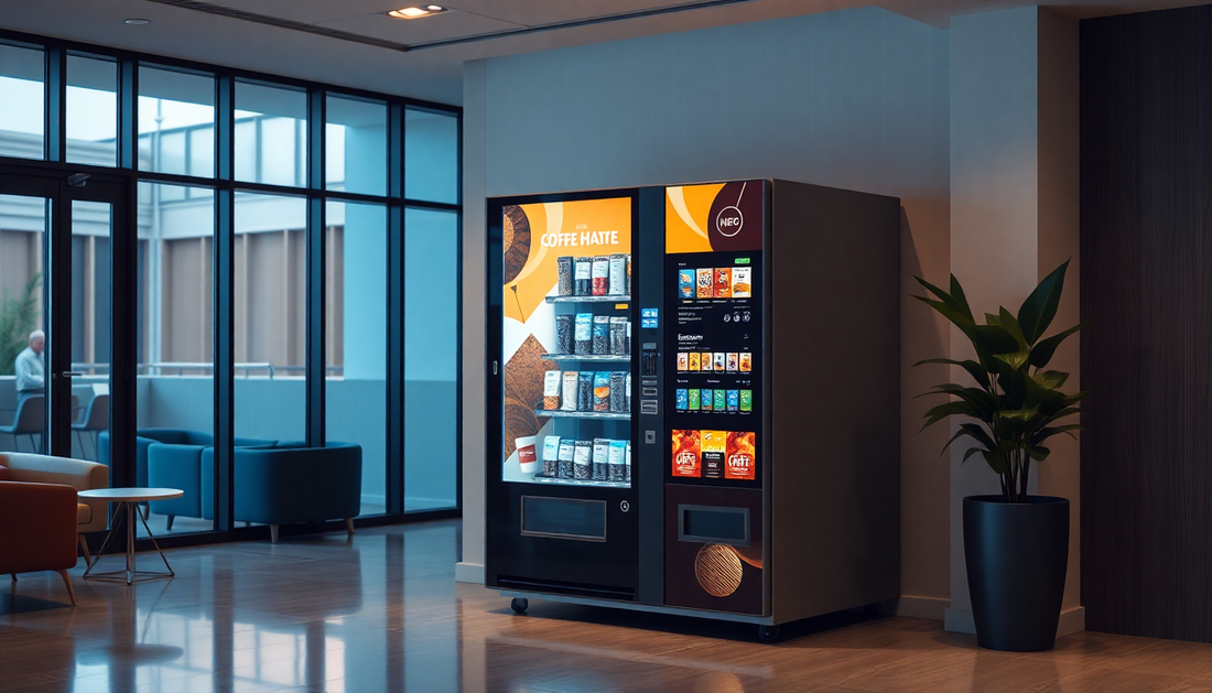 A modern coffee vending machine in an office lobby