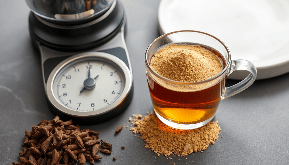 A tea cup filled with premix tea powder next to a scale