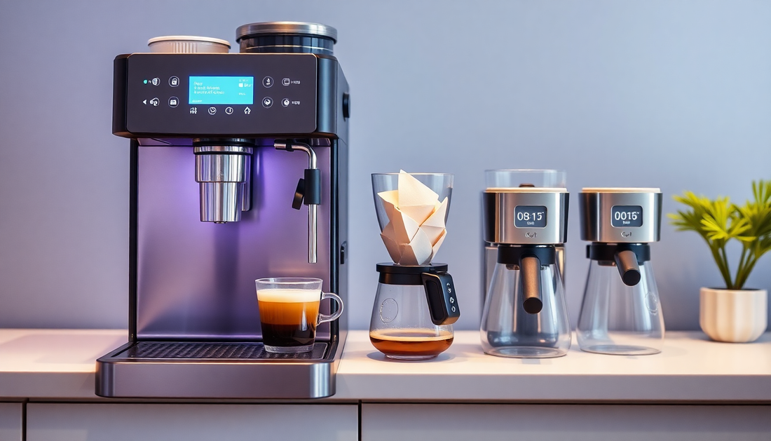 Modern coffee machine brewing espresso with coffee grinders on kitchen counter showing coffee machine price in Delhi