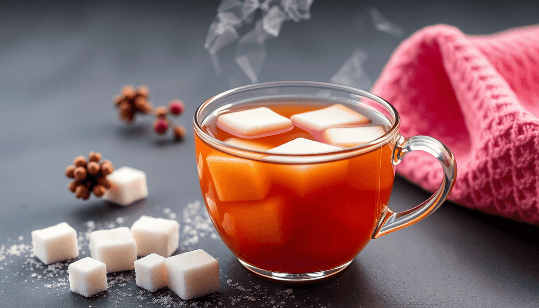 A steaming cup of tea with milk and sugar cubes