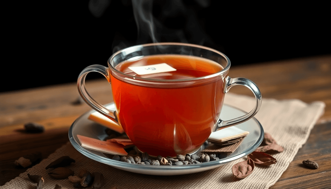 A steaming cup of Assam tea with tea bags and leaves