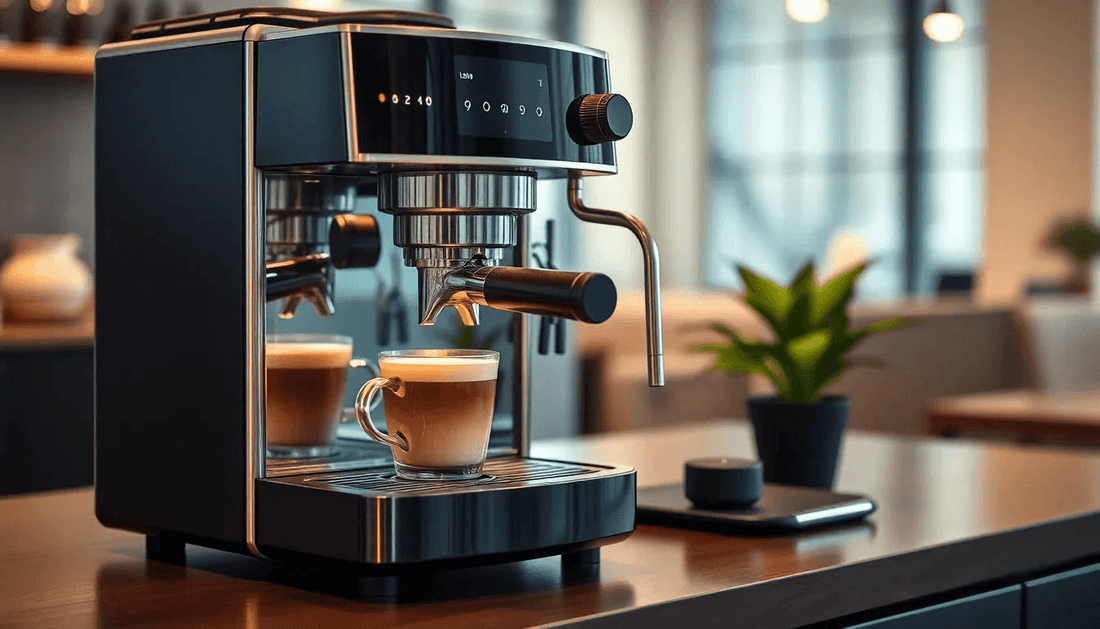 Modern coffee machine brewing fresh coffee in office