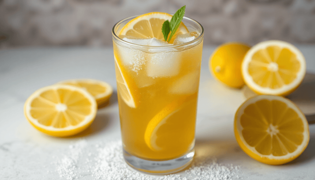 A glass of lemon iced tea with powder and lemon slices