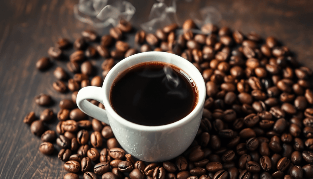 A steaming cup of black coffee with coffee beans