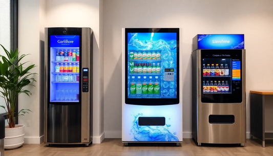 Modern water dispenser and beverage vending machines in office