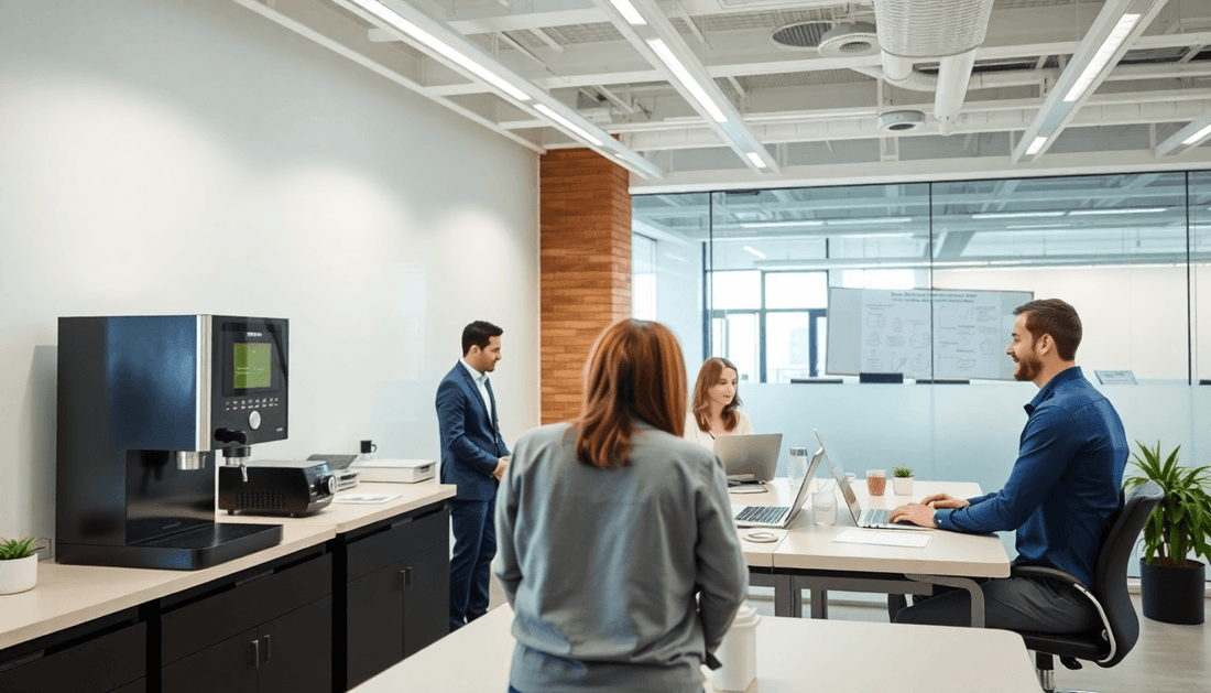 Modern office with a coffee machine and employees