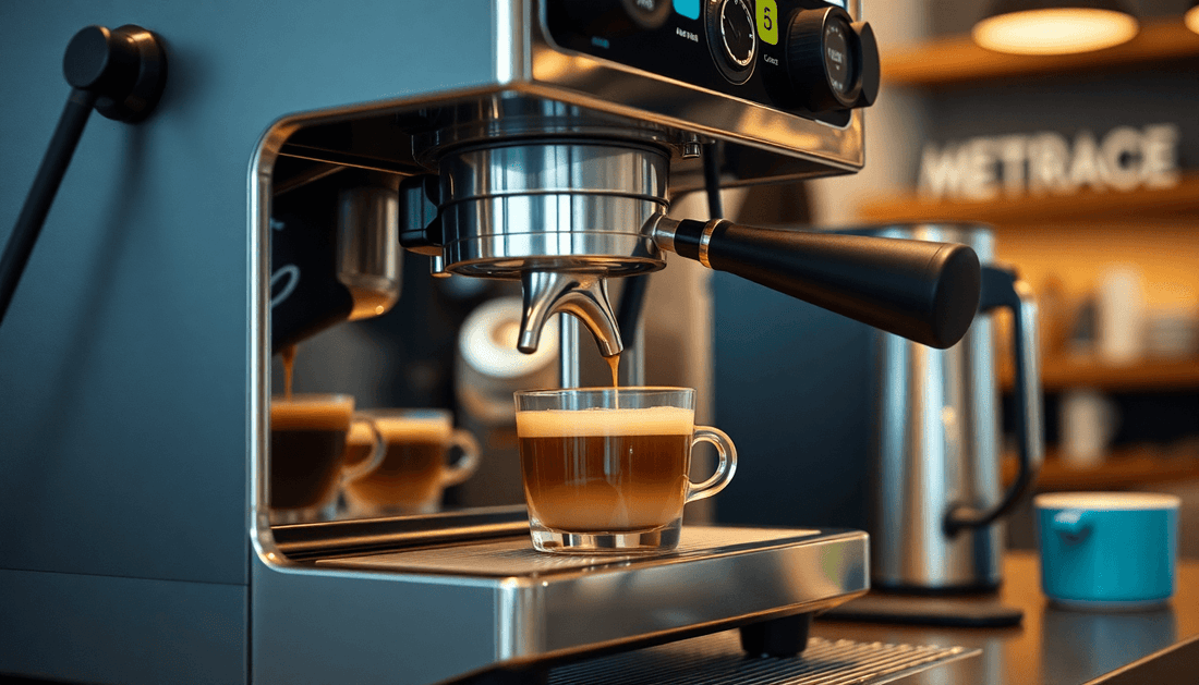 Modern coffee machine brewing espresso in a cafe