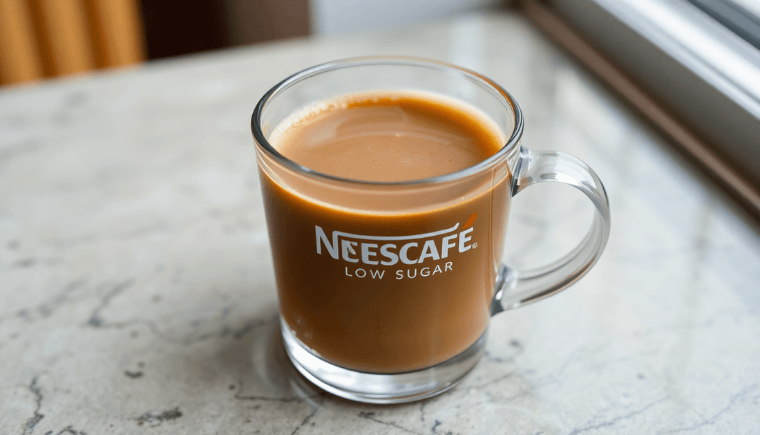 A cup of NESCAFÉ low sugar coffee on a table