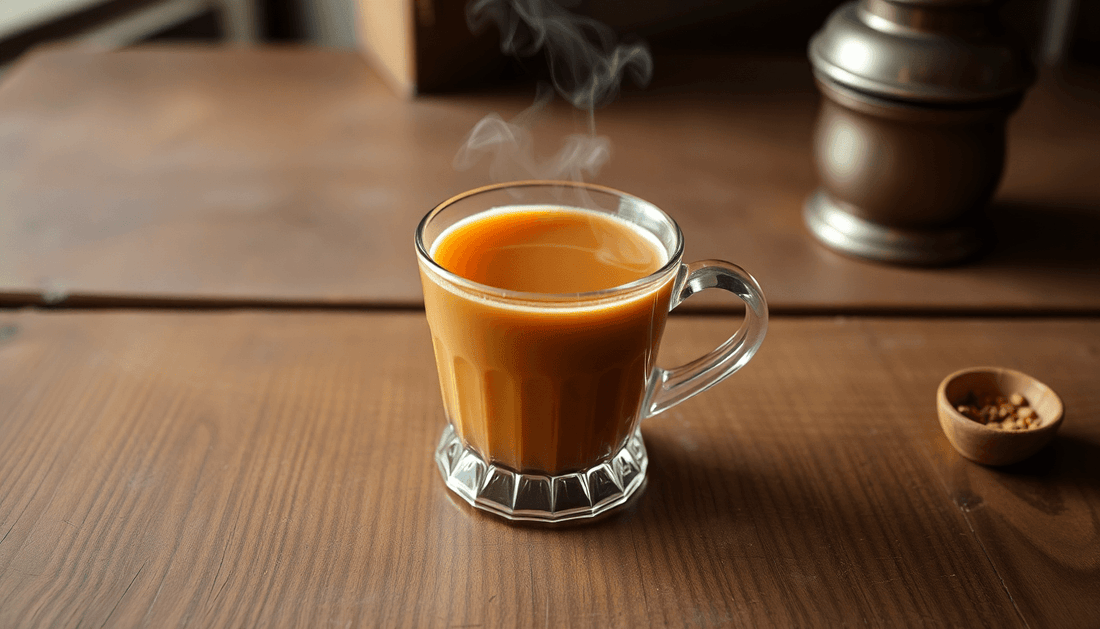 A steaming cup of chai on a rustic wooden table