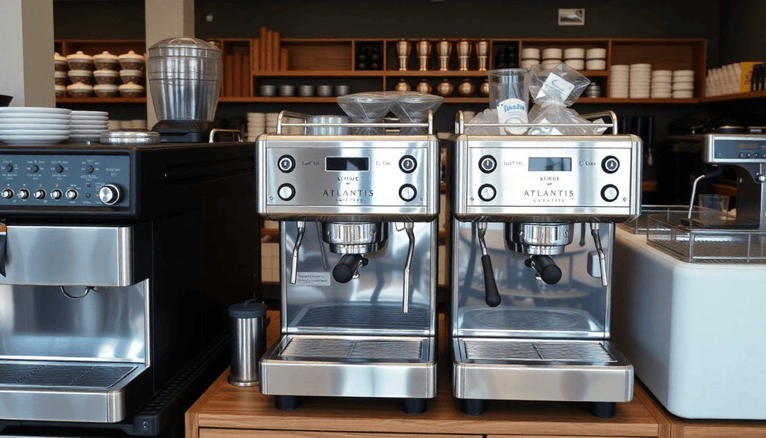 Various Atlantis commercial coffee machines displayed in store