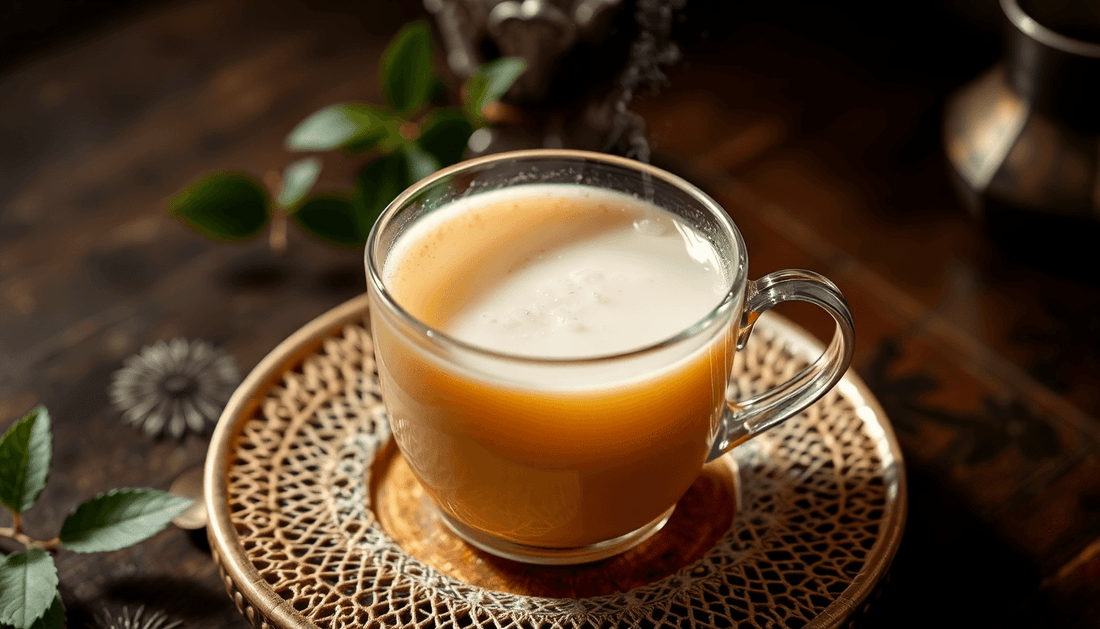 A steaming cup of kadak tea with milk and sugar