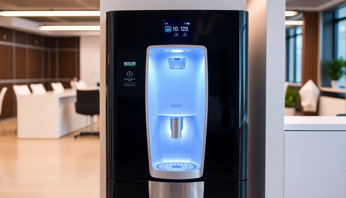 Modern black instant coffee machine with blue LED light in a bright office setting