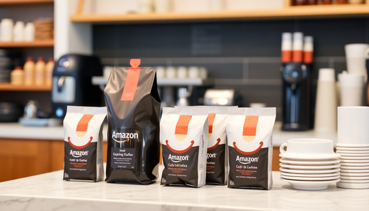 A café counter with Café Amazon drip coffee packs