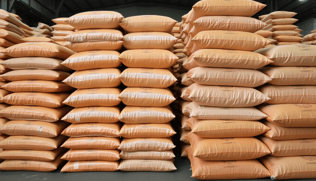 Coffee premix bags stacked in a Gujarat warehouse