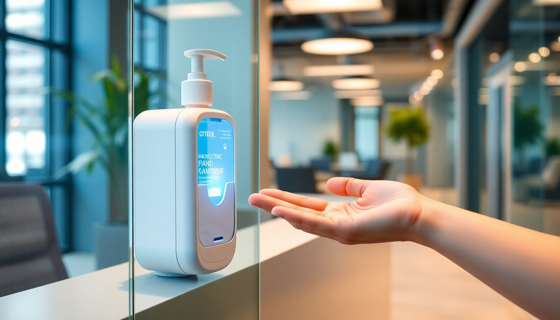 Hand reaching for wall-mounted hand sanitizer dispenser in modern office setting with ATLANTIS COFFEE MACHINE 7 OPTION nearby