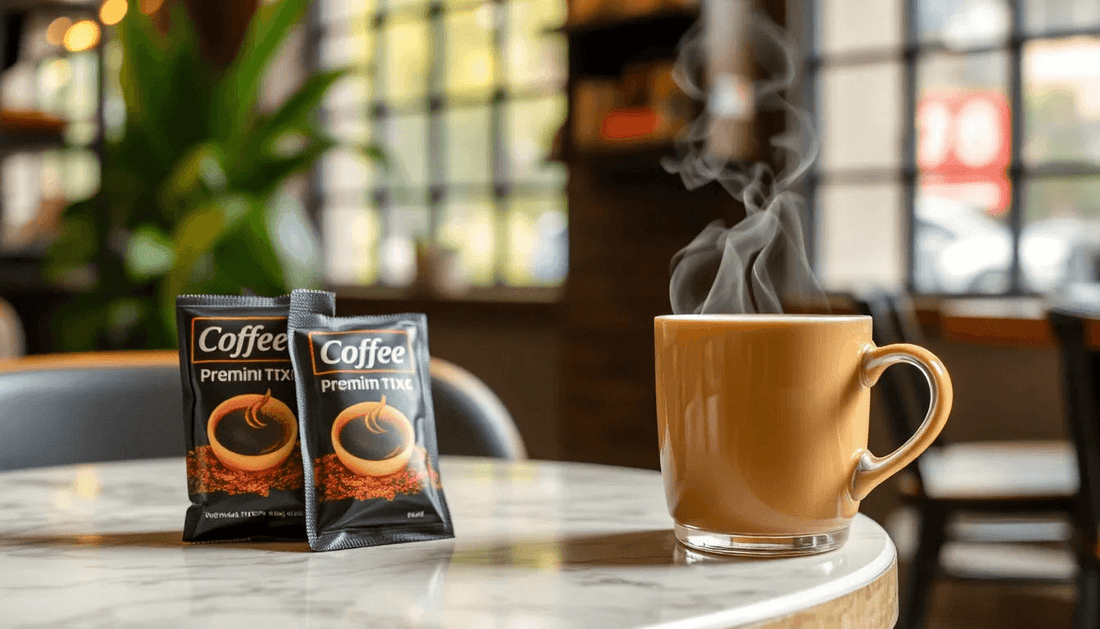 Coffee premix sachets with a steaming cup in West Delhi cafe