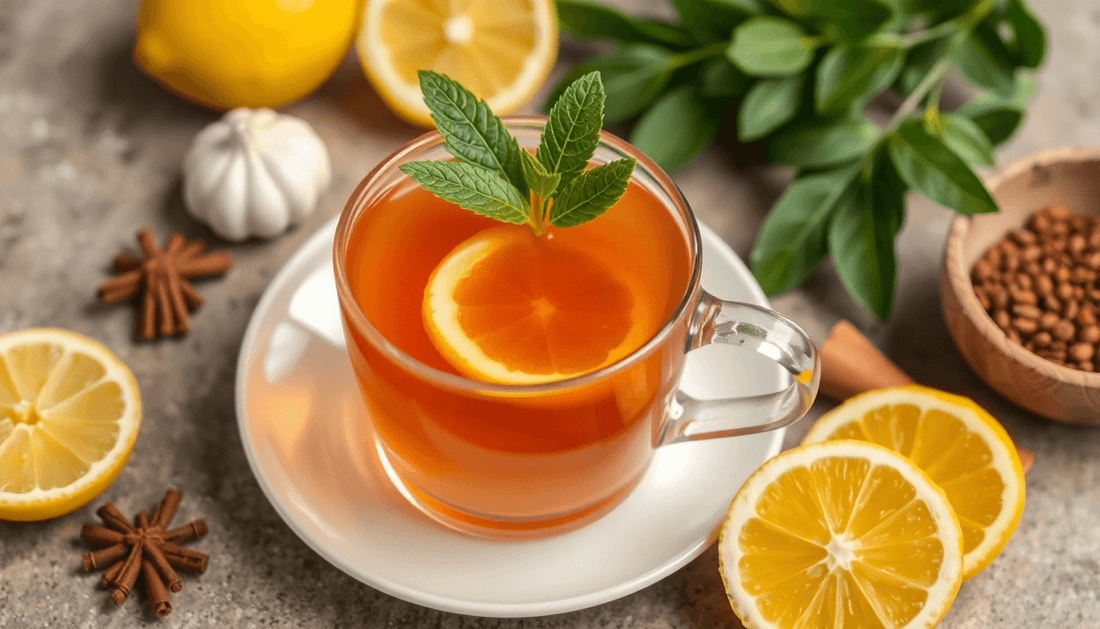 A cup of lemon masala tea with ingredients around