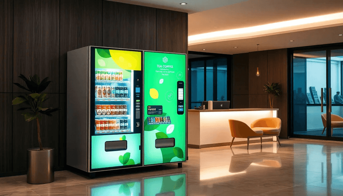 A modern tea coffee vending machine in an office lobby