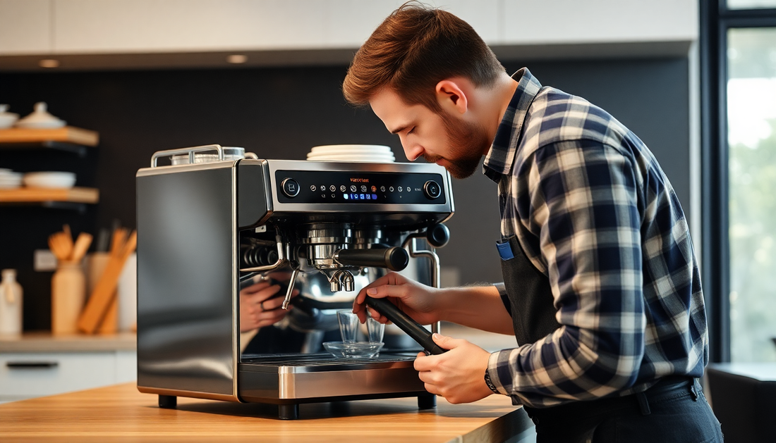 Man demonstrating how to service Atlantis coffee machines by cleaning and maintaining an espresso machine at home