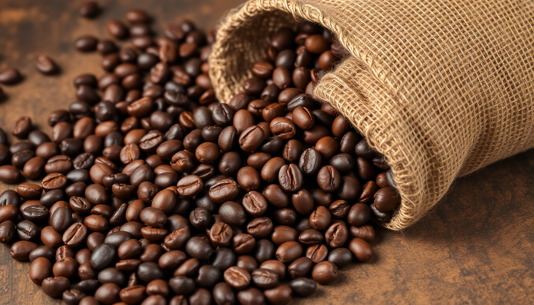 Fresh roasted coffee beans spilling from a burlap sack