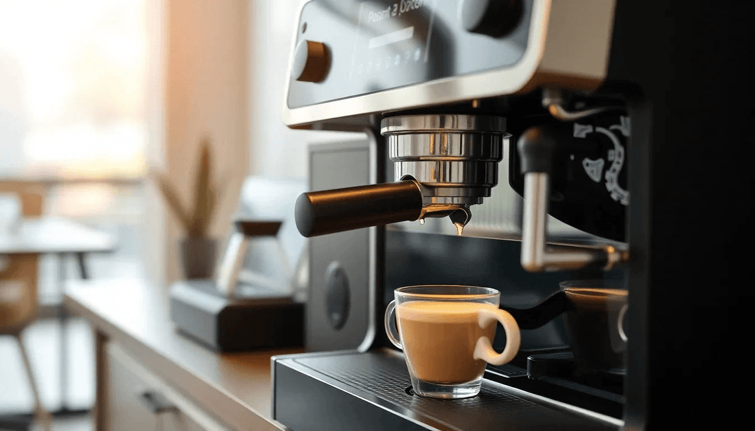 Modern coffee machine brewing fresh coffee in office