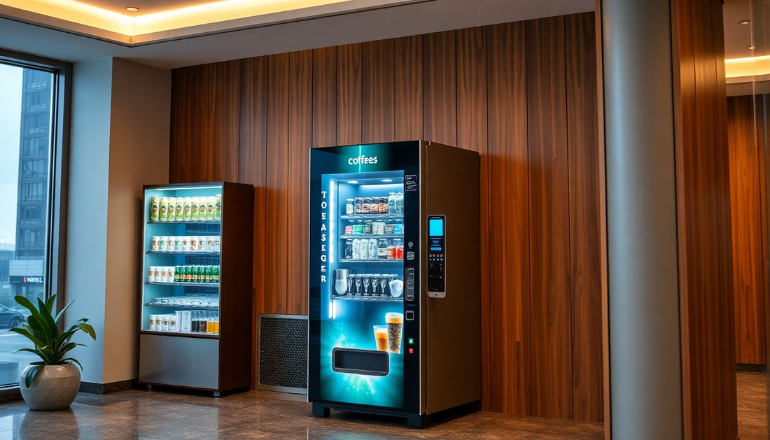 A modern tea and coffee vending machine in office lobby