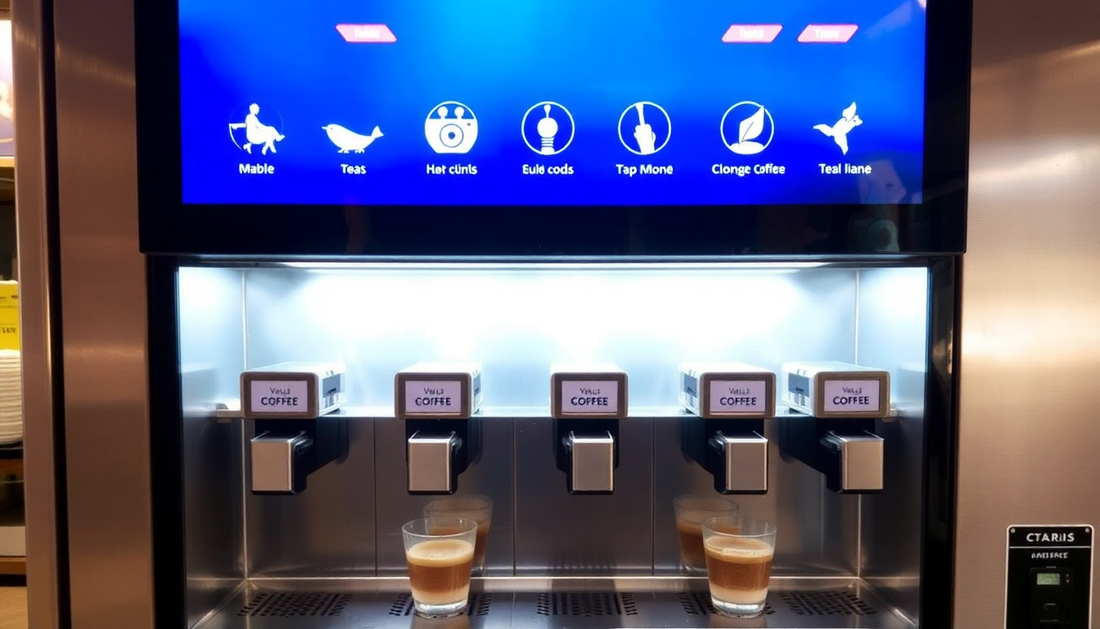 Modern Atlantis 3 lane tea coffee vending machine in action