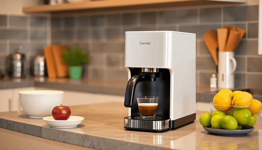 A sleek Godrej Contento coffee machine on a kitchen counter