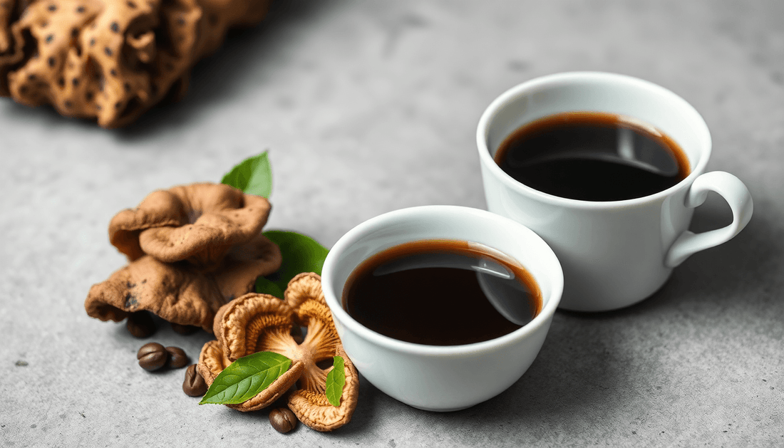 A cup of black coffee with Ganoderma mushroom beside it