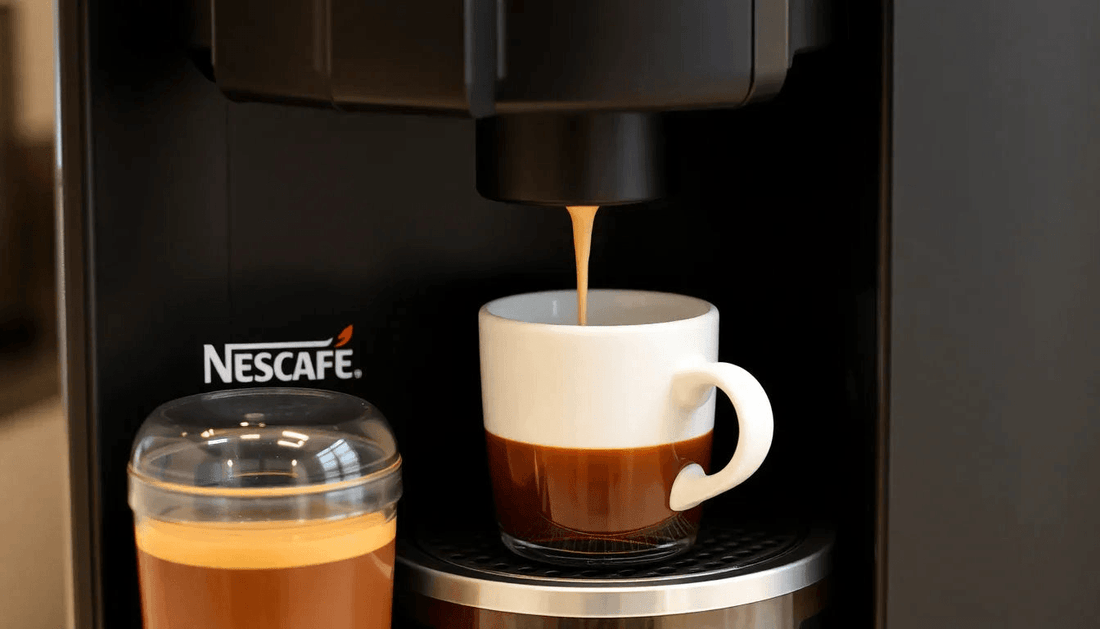 A Nescafe coffee machine dispensing fresh coffee