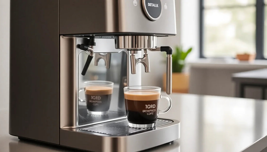BrewXpress espresso machine Noida review showing a stainless steel espresso maker with a glass cup of freshly brewed coffee