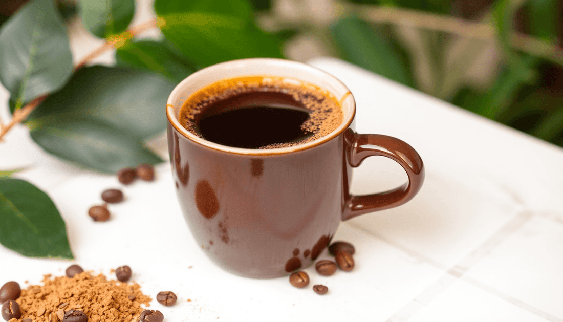 A cup of rich instant coffee with coffee powder pack