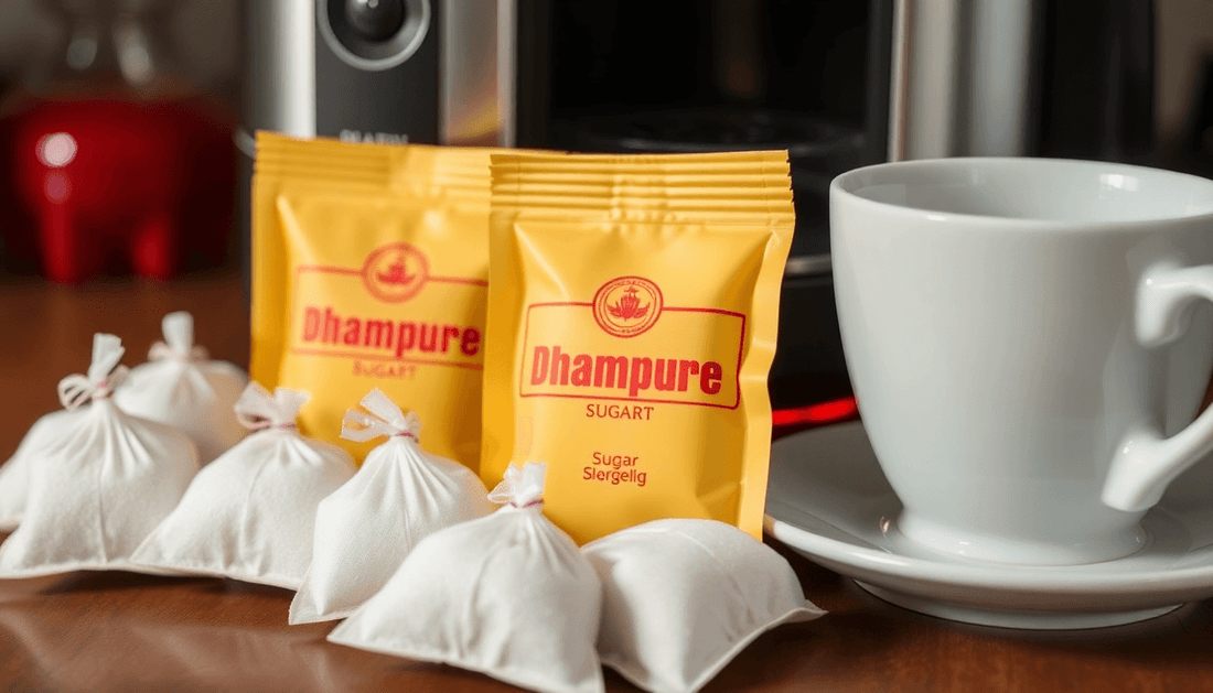 Dhampure sugar sachets arranged next to a tea machine