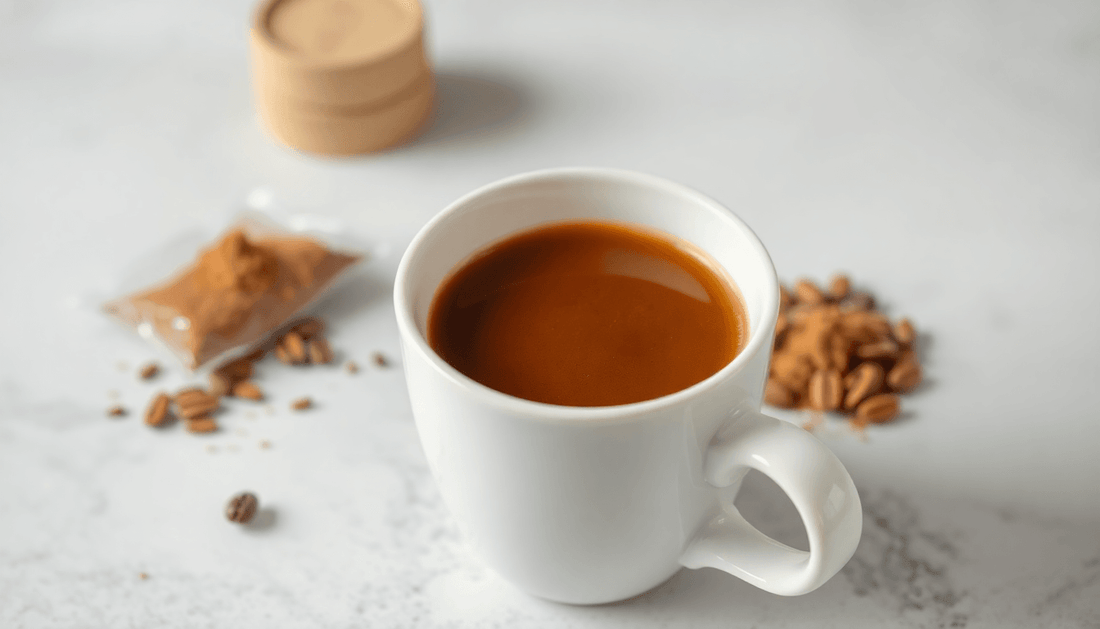 A cup of rich smooth coffee with coffee powder sachets