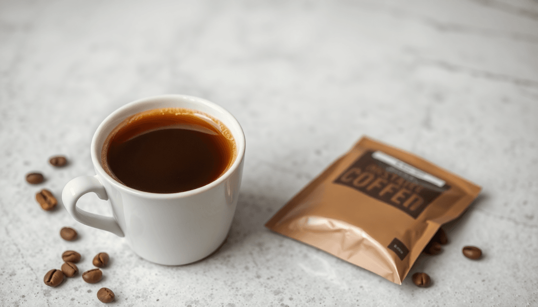 A cup of rich instant coffee with coffee premix pack