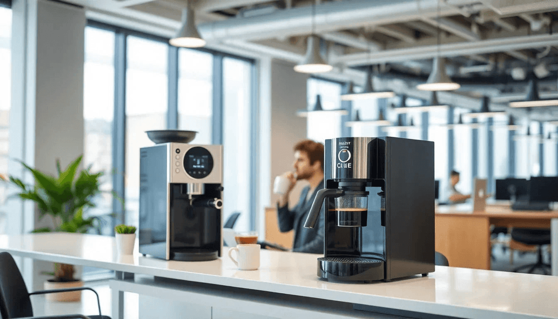 Modern office with a coffee machine and people enjoying coffee