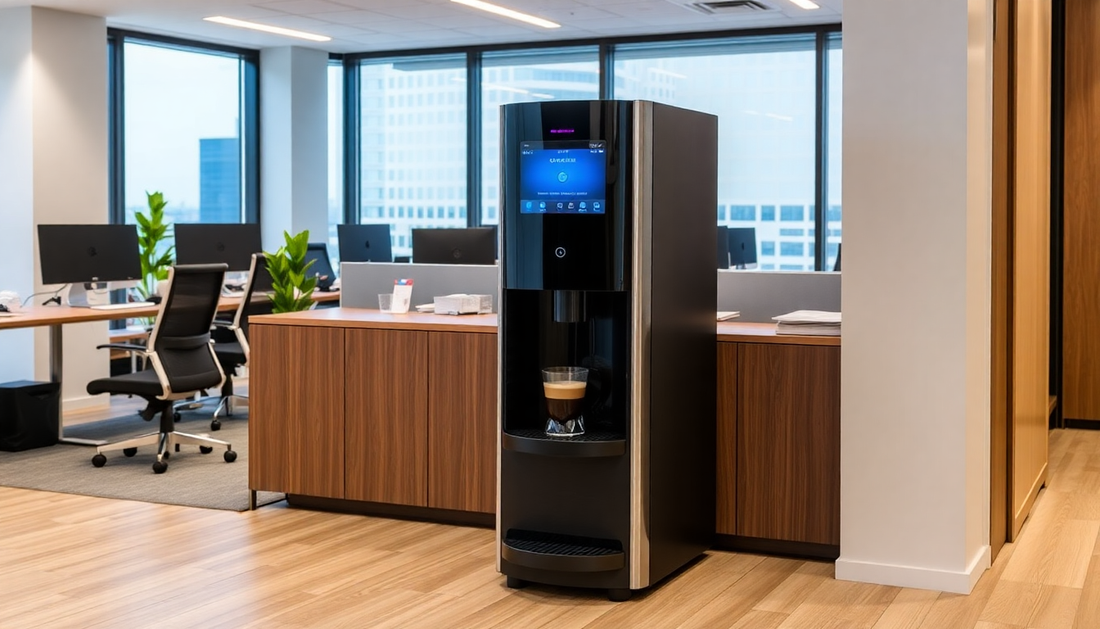 Atlantis Prime floor standing dispenser Delhi NCR in modern office setting with wooden flooring and desks