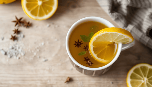 A cup of lemon masala tea with spices and lemon