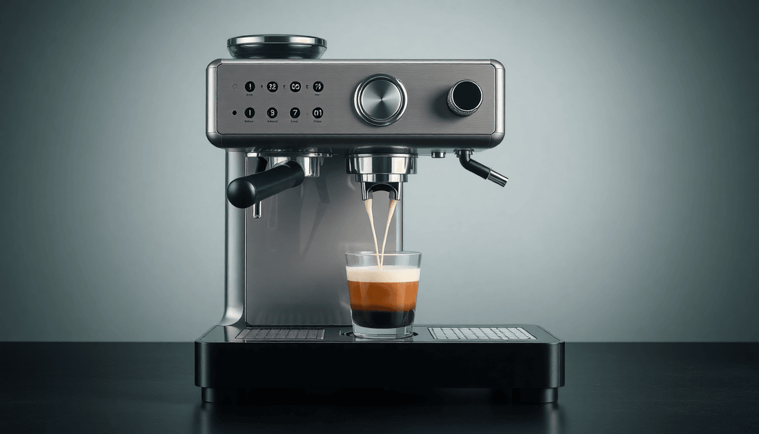 A sleek espresso machine with frother steaming milk