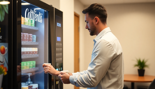 Man selecting a coffee from a vending machine with NESCAFE COFFEE MACHINE 3 LANE PRICE displayed
