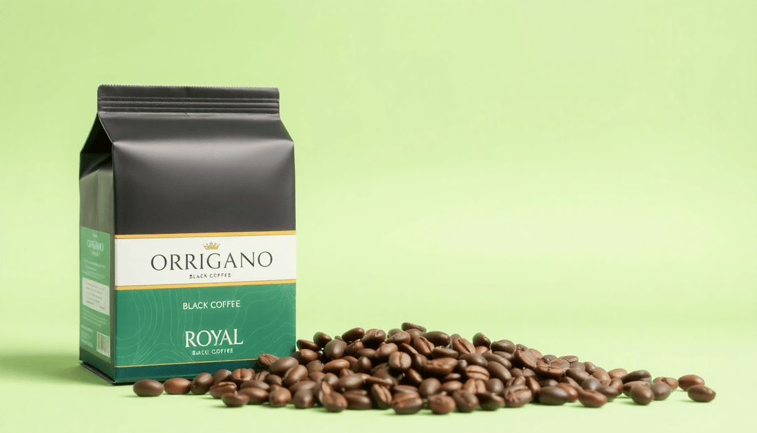 A box of ORGANO ROYAL Black Coffee with coffee beans