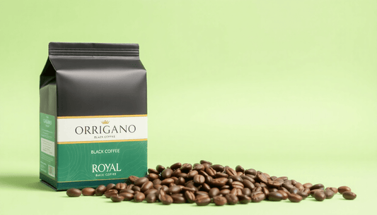A box of ORGANO ROYAL Black Coffee with coffee beans