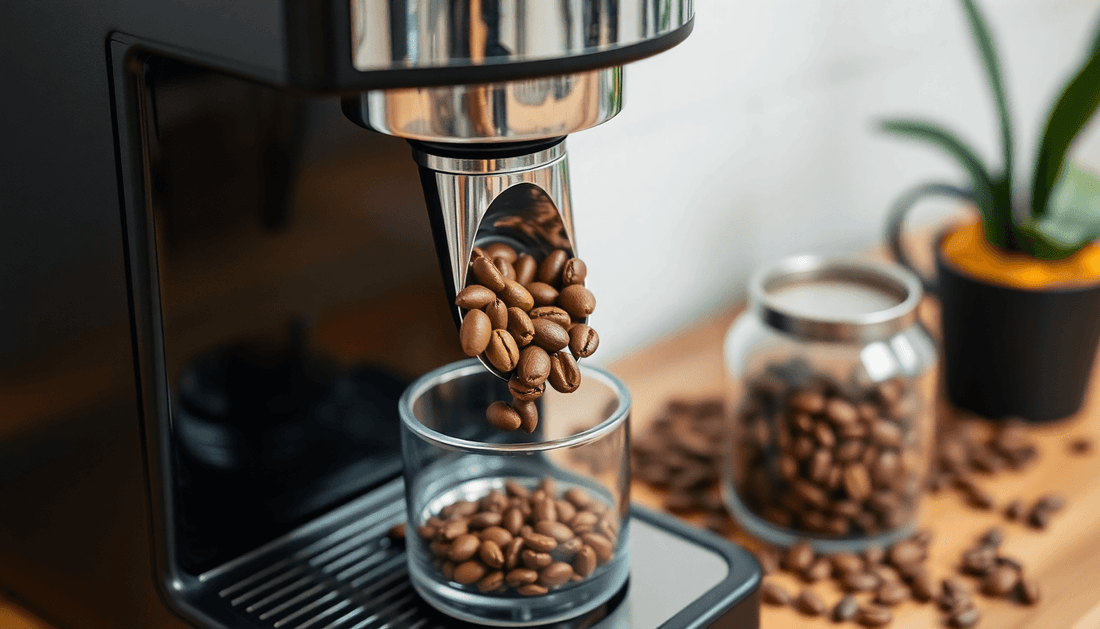 A sleek coffee machine grinding fresh coffee beans