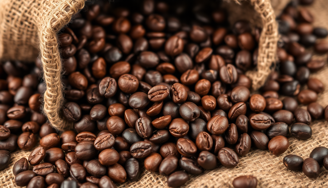 Fresh roasted coffee beans spilling from burlap sack