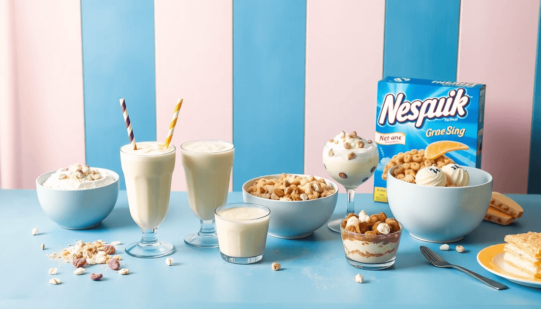 A table with Nesquik milkshakes, cereals, and desserts